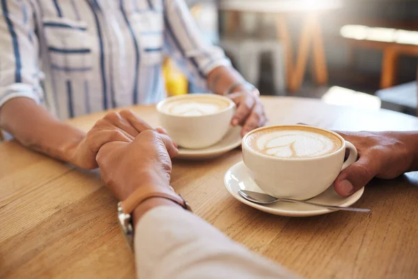 Coffee Break Dating Couple Holding Hands Romantic Date Cafe Restaurant — Stock Photo, Image