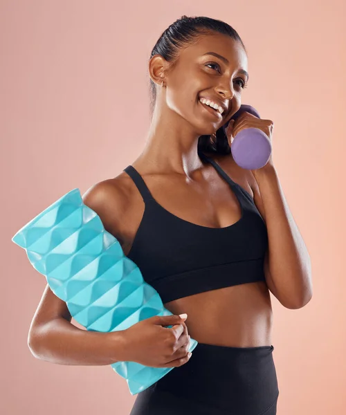 Fitness Active Healthy Woman Holding Dumbell Foam Roller Smile Sports — Photo