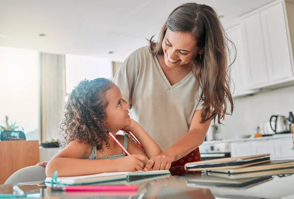 Homeschool Learning Bonding Mother Daughter Doing Homework Kitchen Home Happy —  Fotos de Stock