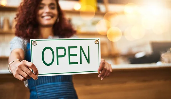 Time Start New Day Portrait Young Woman Holding Open Sign — Fotografia de Stock