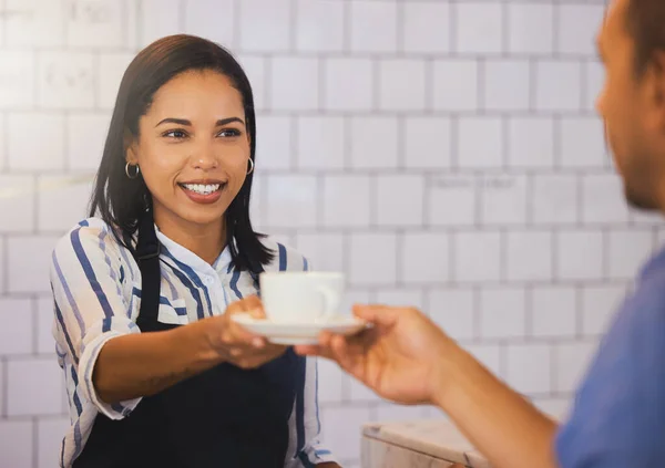 Waitress Serving Drink Customer Coffee Shop Cafe Restaurant Friendly Woman — ストック写真