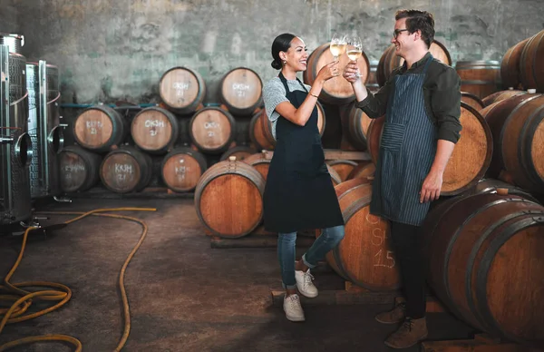 Wine Distillery Owners Cheers Glasses Cellar Standing Barrels Happy Celebrating — Photo