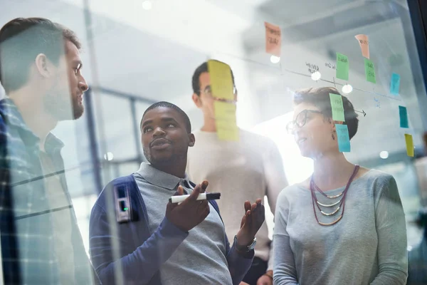 What Group Designers Brainstorming Notes Glass Wall Office — Stock Photo, Image