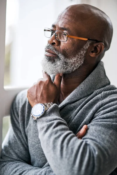 Spends Lot Time Deep Thought Handsome Senior Man Looking Contemplative — Photo