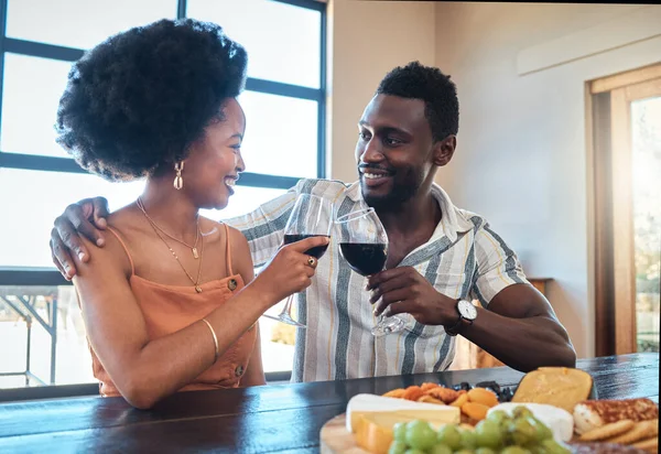 Celebration Love Black Couple Toasting Wine Romantic Date Indoors Bonding — Photo