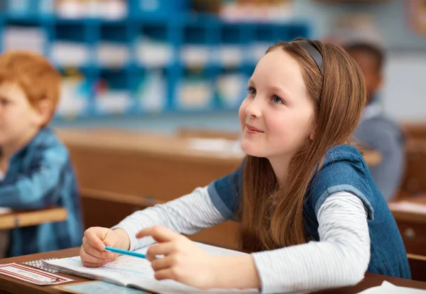 Learning Excites Her Elementary School Girl Working Class — Stok fotoğraf