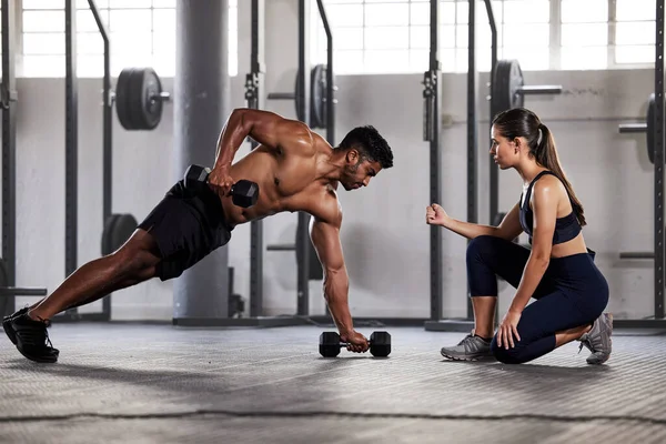 Muscular Sports Man Female Gym Instructor Fitness Coach Doing Body — Fotografia de Stock