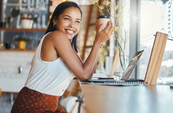 Happy Woman Relaxing Coffee Shop Smile Thinking Female Enjoying Relaxed — Stock Fotó