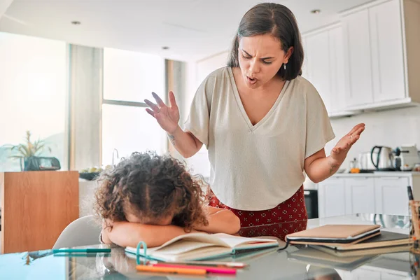 Autism, frustrated and bad mental health behavior by child and frustrated mother during homework. Annoyed, abuse parent angry with crying child suffering from ADHD and hiding, afraid and depressed.