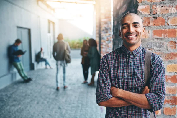 Ready Face Future Portrait Happy Young Man Standing Outdoors Campus — Stock fotografie