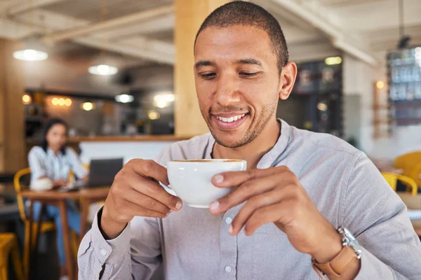 Man Enjoying Cup Coffee While Smiling Sitting Cafe Relaxing Businessman — Stock Fotó