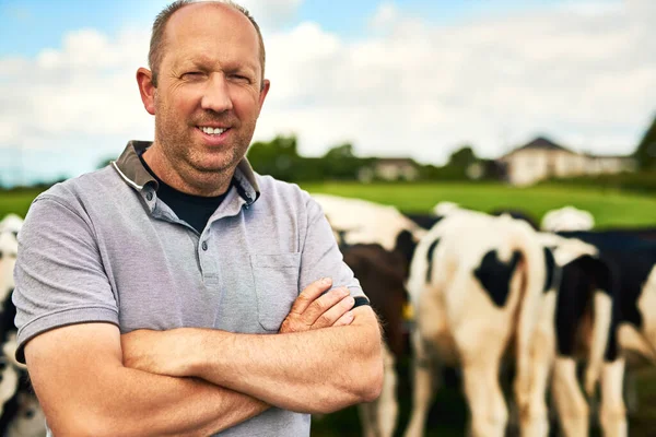 Cows Strictly Free Range Cropped Portrait Male Farmer Standing His — Stock fotografie