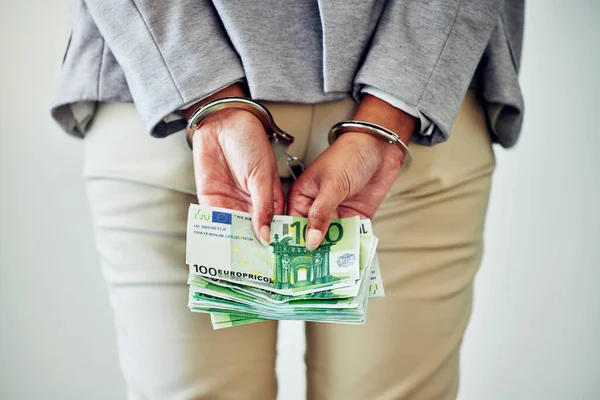 Corporate Fraud Stealing Money Laundering Deal Business Woman Handcuffs Cash — Foto de Stock