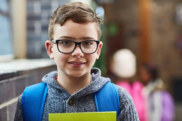 Hes Ready Next Class Elementary School Boy Corridor School — Stok fotoğraf