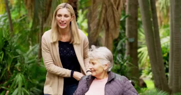 Woman Pushing Her Grandmother Wheelchair Outdoors Nature Green Park Trees — Stockvideo