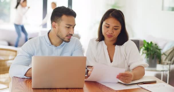 Serious Sad Stressed Couple Working Budget Finance Problem Online Together — ストック動画