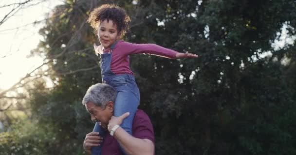 Fun Grandfather Carrying Playful Child Shoulders Having Fun Playing Home — Stockvideo