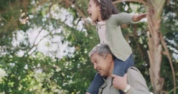 Fun Playful Grandfather Carrying Child Shoulders Having Fun Playing Bonding — ストック動画