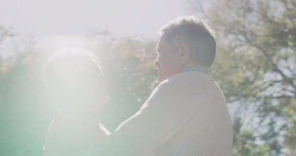 Loving Romantic Elderly Couple Retirement Age Smiling Holding Sweet Embrace — Stok Video