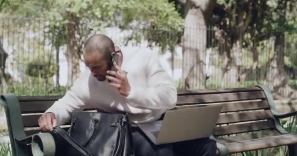 Distracted Businessman Dropping Laptop While Phone Call Checking Damage While — Video
