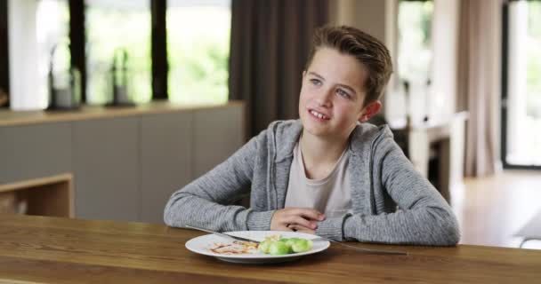 Unhappy Child Eating Healthy Meal Vegetables Home Refusing Eat His — Wideo stockowe
