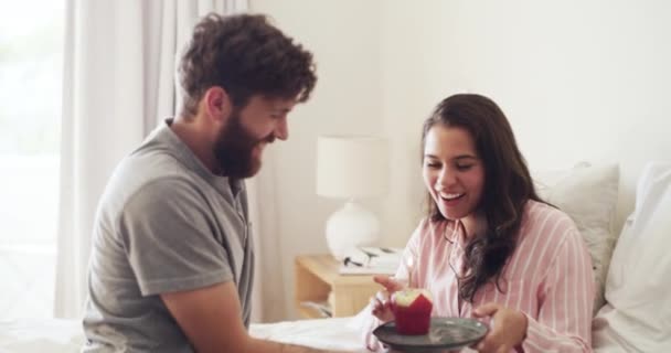 Couple Eating Cupcake Celebrating Birthday Anniversary Special Occasion Bedroom Home — Vídeo de stock