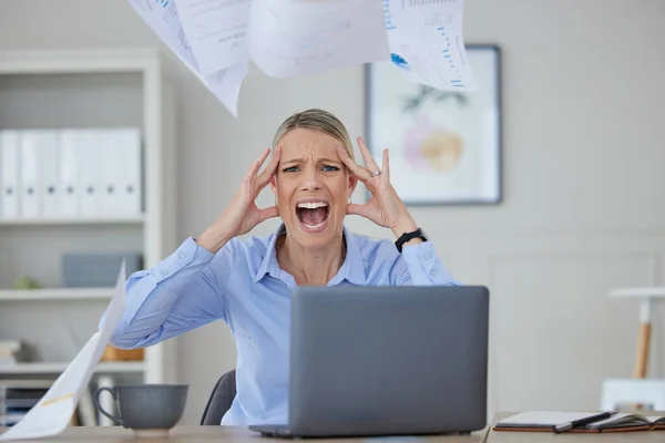 Angry Stress Woman Screaming Her Office Desk Frustration Fear Work — Stockfoto