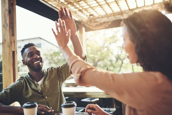 High Five Making New Connections Young Couple Giving Each Other — Fotografia de Stock