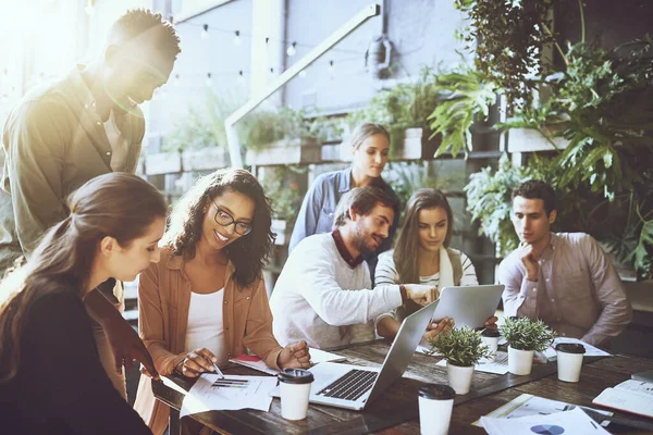 Productivity Flourishes Group Colleagues Having Meeting Cafe — Zdjęcie stockowe