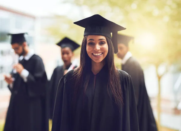 Future Starts Today Happy Young Graduate Standing Fellow Students Background — Foto Stock