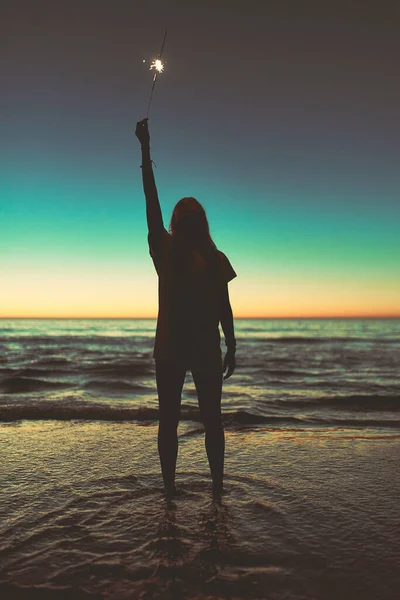 Shine Your Light Bright Young Woman Holding Sparkler Beach Night — Fotografia de Stock
