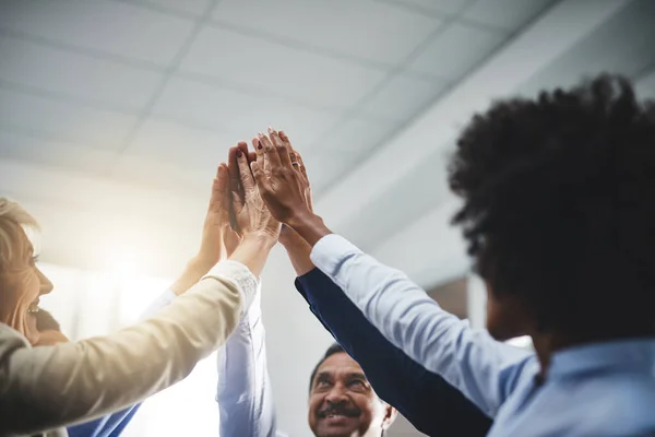 Team Diverse Group Businesspeople Giving Each Other High Five Meeting — Foto de Stock