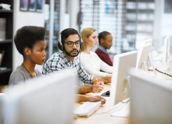 Luckily All Together Group Focused Students Working Computers Doing Research — Photo