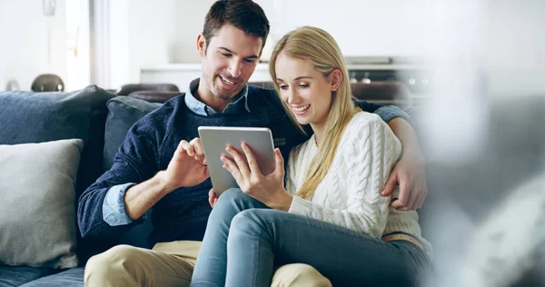 Sharing Some Time Online Affectionate Young Couple Using Digital Tablet —  Fotos de Stock