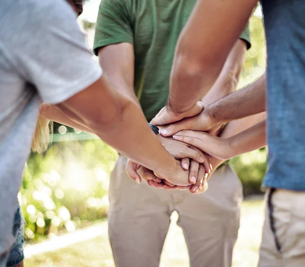 Theyre United Young Group Friends Standing Hands Huddle — Fotografia de Stock