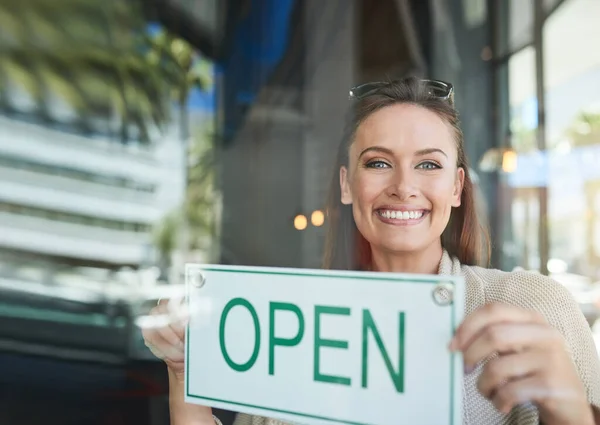 Start Another Successful Day Portrait Young Entrepreneur Holding Open Sign — Photo