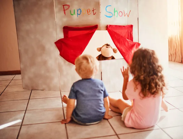 Ready Magical Puppet Show Two Little Siblings Watching Puppet Show — Foto Stock