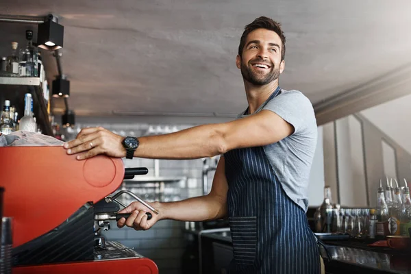 One Cappuccino Coming Right Young Man Operating Coffee Machine Cafe — Stockfoto