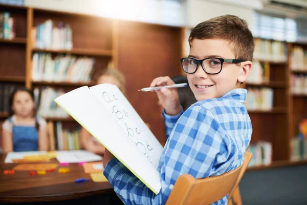 Getting Work Portrait Cheerful Young Boy Doing School Work Writing — Stock fotografie