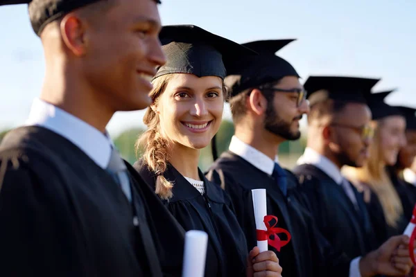 Education Great Treasure Change Portrait University Student Standing Amongst Her — Stok fotoğraf