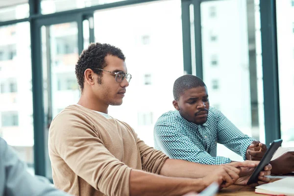 Getting Deadlines Done Together Two Young Designers Working Digital Tablet — Stock Fotó