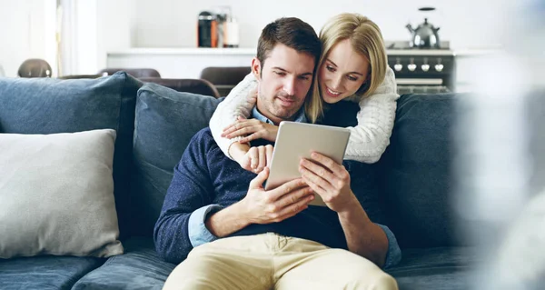 What You Working Affectionate Young Couple Using Digital Tablet While — Foto de Stock