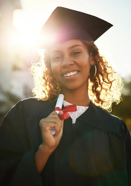 Worth Portrait Happy Young Woman Holding Diploma Graduation Day — Stockfoto