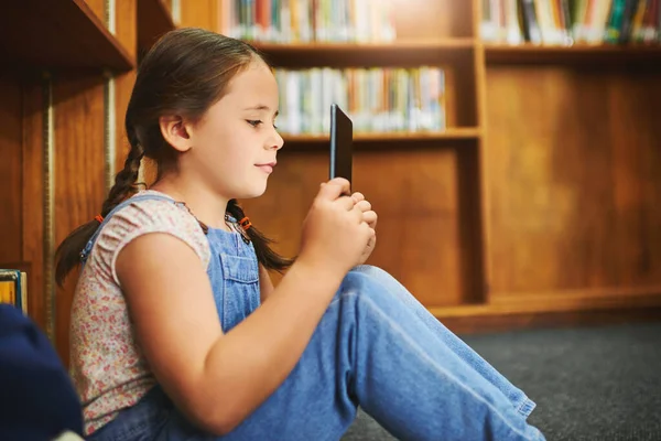 Think Its Time Get Glasses Focused Young Girl Browsing Digital — Foto de Stock