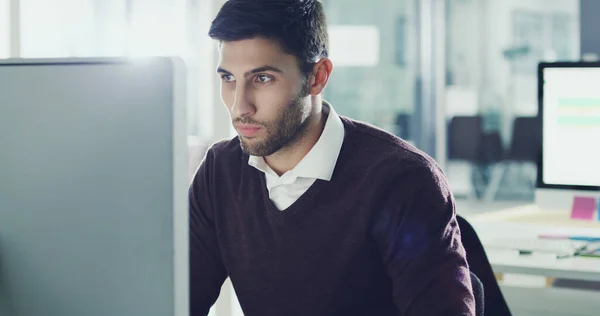 Focused Job Handsome Young Businessman Working His Computer Office — Stockfoto