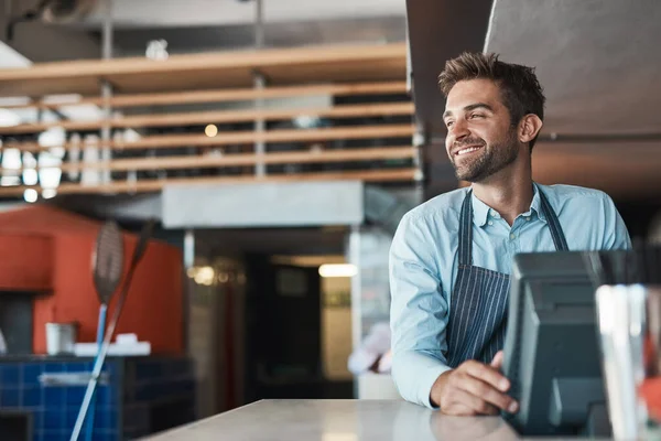 Making His Coffeeshop Dream Come True Young Entrepreneur Working Cafe — Foto de Stock