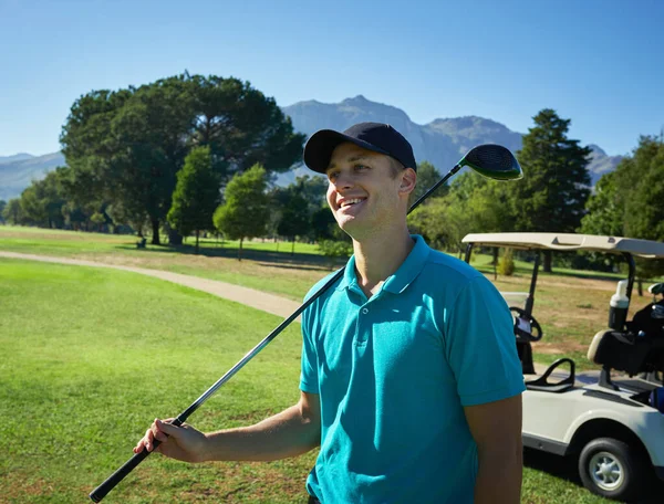 Happy Shot Cheerful Young Man Holding Golf Club Looking Distance — 스톡 사진
