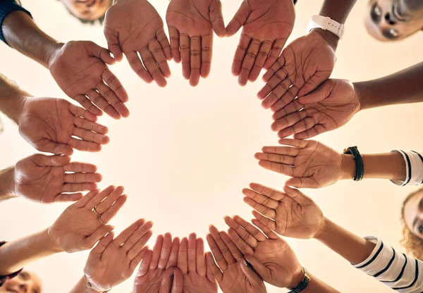 Unity Diversity Low Angle Shot Group People Joining Hands Together —  Fotos de Stock