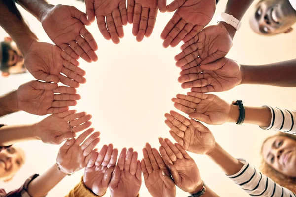 Inner Circle Everyone Low Angle Shot Group People Joining Hands — Stockfoto