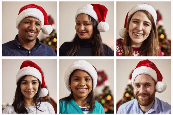 Getting Festive Spirit Composite Shot Group People Wearing Christmas Hats — Stock Fotó